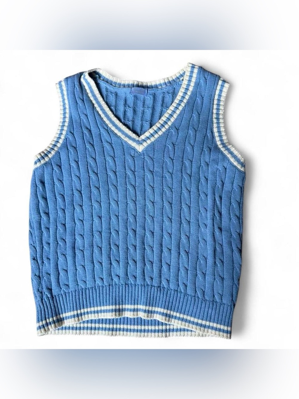 Brandy Melville Blue Cable-Knit V-Neck Sweater Vest with Cream Trim